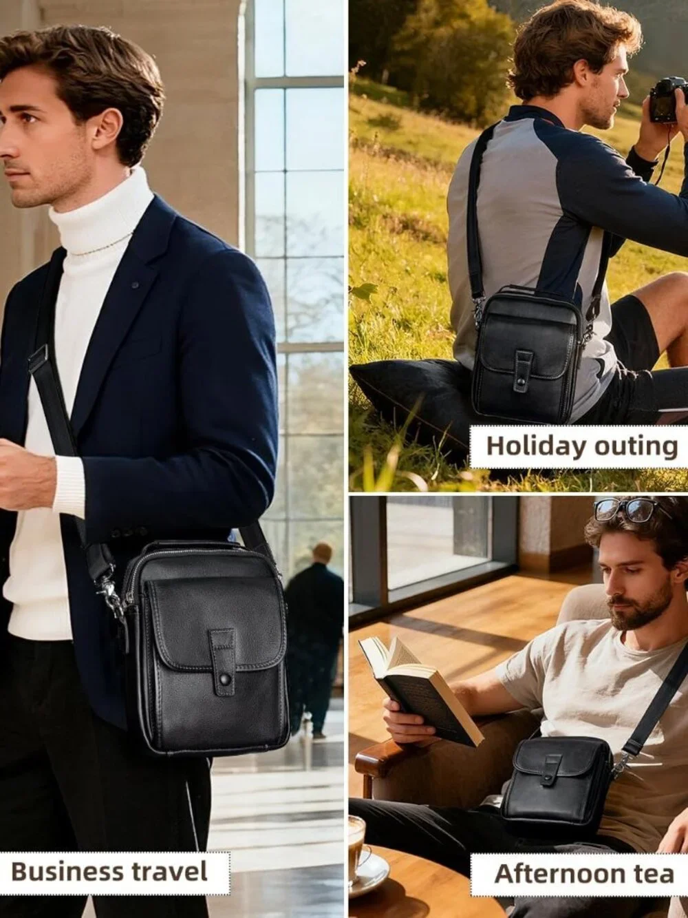 Men's Black Leather Shoulder Sling Travel Crossbody Stylish Magnetic Buckle Bag